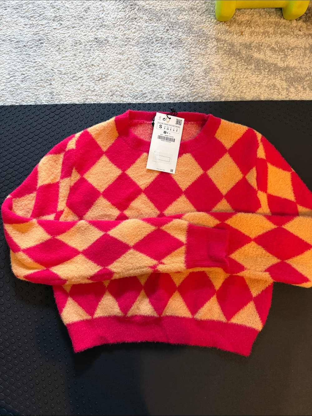 Zara Hot Pink and Orange Argyle Crew Neck Sweater